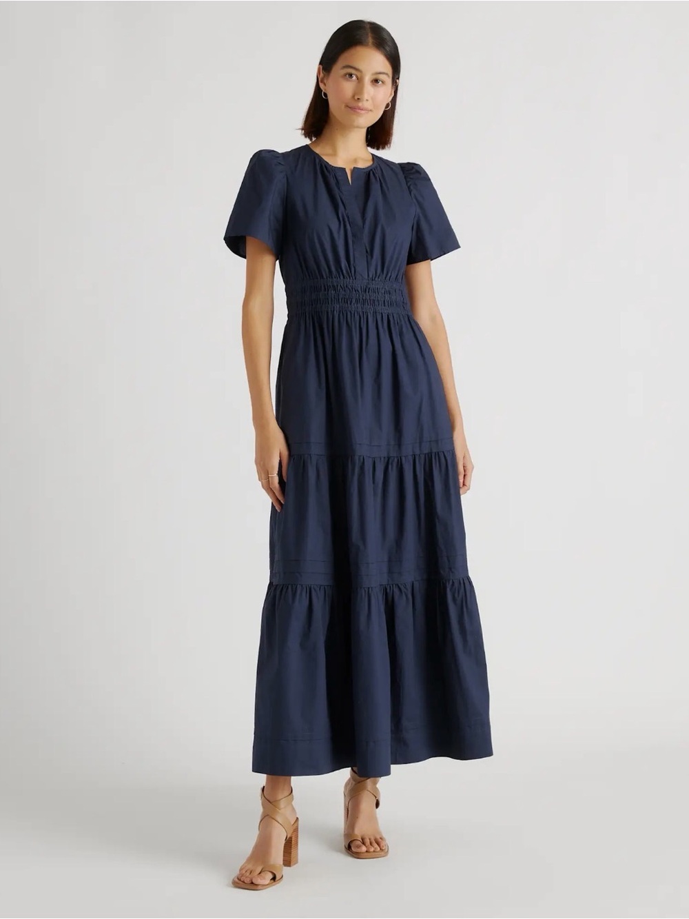Quince Women's Navy Poplin Smocked Waist Tiered Maxi Dress Medium NWT